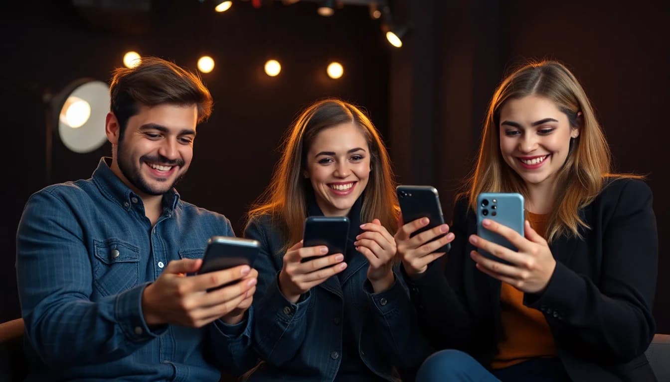 Happy creators reviewing AI generated video content on smartphones